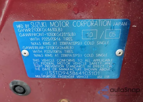 2006 Suzuki Grand Vitara Premium from USA, damaged, VIN JS3TD943864103101